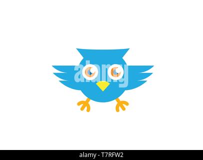 Blue owl open eyes and fly logo design illustration, cute face icon, a symbol on white background Stock Vector