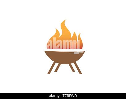 barbecue grills with fire logo design illustration, bbq icon, a symbol on white background Stock Vector