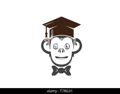 Graduation hat in monkey head success for logo design  smile illustration, tie bow symbol, happy face icon Stock Vector