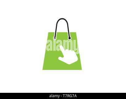 shopping bag icon with hand for logo design illustration, internet store symbol, online click shop Stock Vector