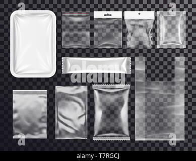 Realistic plastic pocket bag mockup, zipped bag Stock Vector