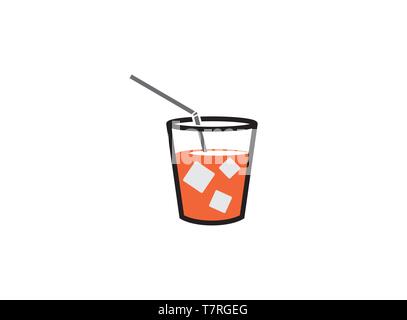 cup of juice with square ice cubes and straw logo Stock Vector