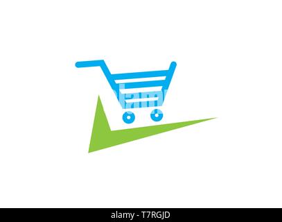 Blue cart for shopping symbol with checkmark  logo vector design illustration on white background Stock Vector