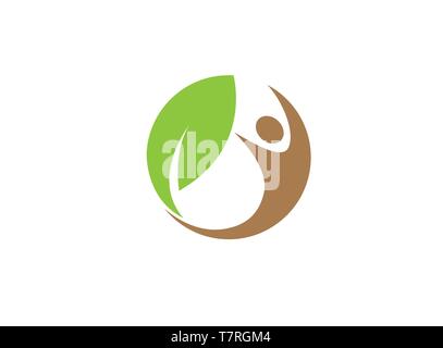 Healthy human nature and leaf in circle logo design illustration on white background Stock Vector