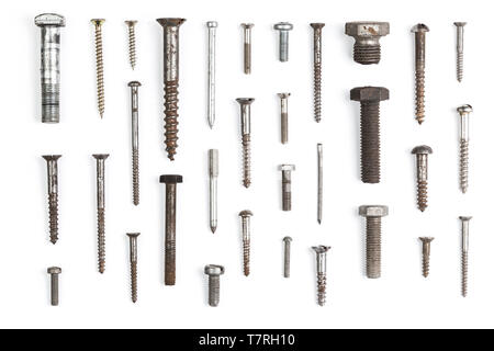 Set of different bolts nails and screws isolated on white background Stock Photo