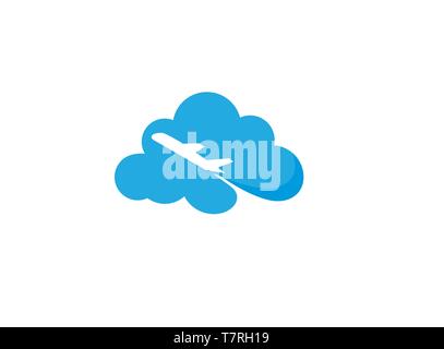flying plane across a big cloud logo design illustration on white background Stock Vector