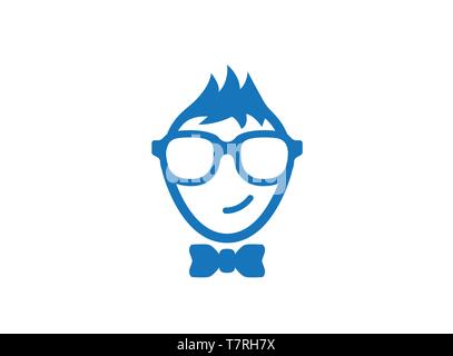 Smiling geek face wearing glasses and tie logo design illustration on white background Stock Vector