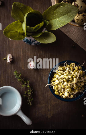 Vertical photo with top view on vintage wooden board with several bowls which contain mung bean sprouts, quail eggs and spinach. Light cloth is under  Stock Photo