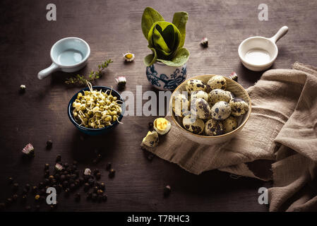 Horizontal photo of vintage wooden board with several bowls which contain mung bean sprouts, quail eggs and spinach. Light cloth is under one bowl. Stock Photo
