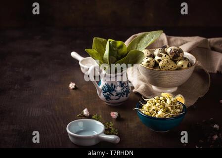 Horizontal photo of vintage wooden board with several bowls which contain mung bean sprouts, quail eggs and spinach. Light cloth is under one bowl. Stock Photo