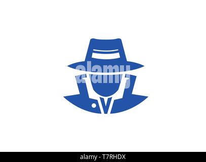 detective spy with hat logo vector design illustration, secret job icon on white background Stock Vector