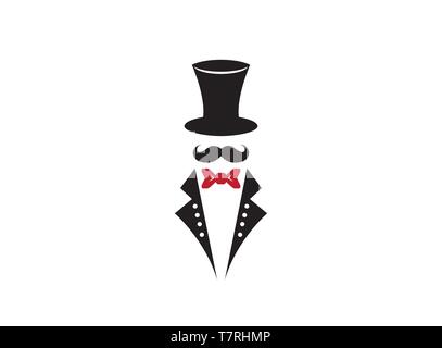 Monochrome illustration of top hat mustache with costume and tie vector logo illustration on white background Stock Vector