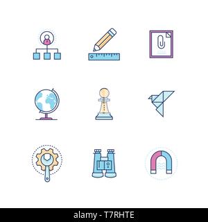Business concepts - colorful line design style icons set on white background. High quality pink, blue images with clip, binoculars, magnet, team, rule Stock Vector