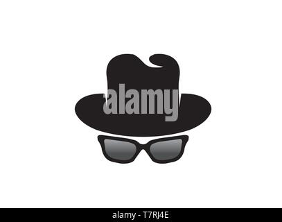 Inspector hat and glasses  vector logo design illustration on white background, detective secret icon Stock Vector