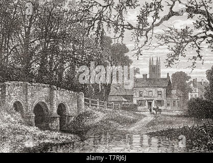 Lutterworth, Leicestershire, England with the River Avon and the tower of Wycliffe's church, seen here in the 19th century.  From English Pictures, published 1890. Stock Photo