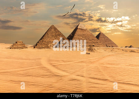 Sunset over the Pyramids of Giza, Egypt Stock Photo