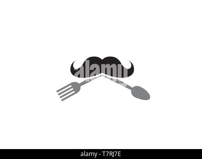 Cooker mustache with spoon and fork logo design illustration on white background Stock Vector