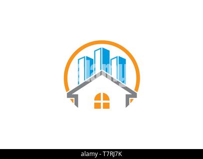 a small home in townhouse inside a big circle logo design illustration on white background Stock Vector