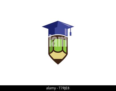 Graduation hat on a pen logo design illustration on white background Stock Vector