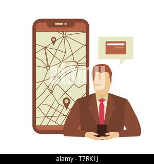 Vector illustration with businessmen looking for the nearest ATM ore bank branches on city map using mobile application on smartphone. Navigation in c Stock Vector
