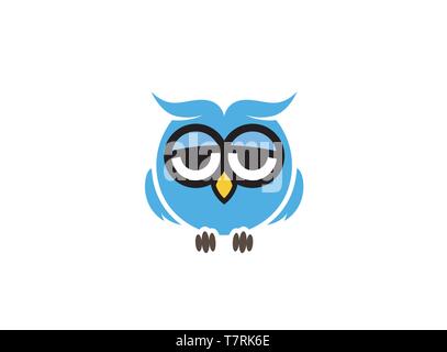 Blue owl with sleepy eyes logo design illustration on white background Stock Vector