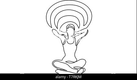 Continuous one line drawing. Woman relaxing in lotus pose and cleaning mind. Vector illustration for banner, web, design element, template, postcard. Stock Vector