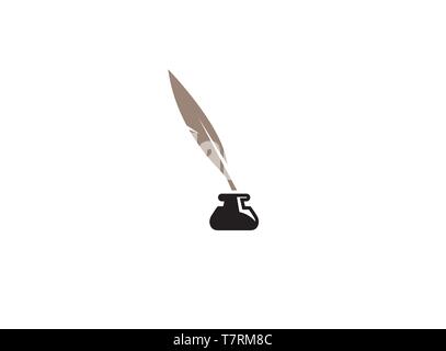 Writing Quill Feather Pen and Ink Well logo Stock Vector