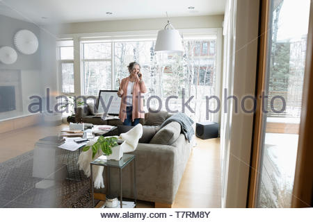 Senior woman working from home, talking on cell phone