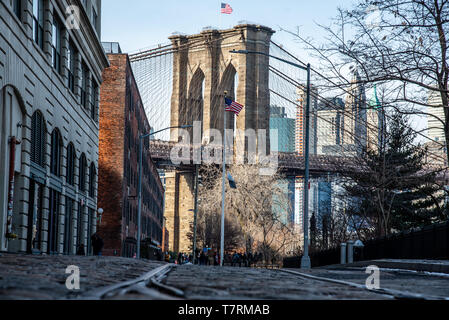 The Remains of a Railway Track in Williamsburg, Newy York with the Brooklyn Bridge in the background Stock Photo