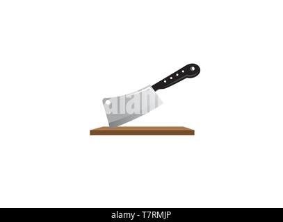 Hatchet stuck on the table a kitchen tool for logo Stock Vector