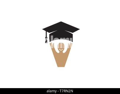graduation hat and smile face with hands up logo Stock Vector