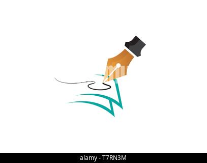 Feather pen writing on papers for logo Stock Vector