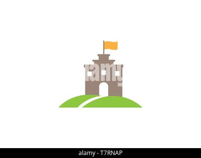 Old Castle Tower in a green plateau with a flag on the top and road to big door and windows for logo design Stock Vector