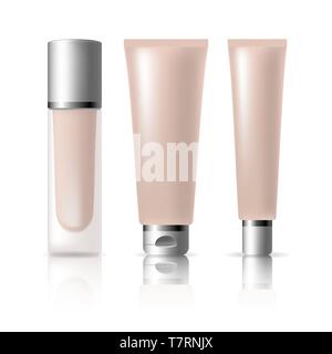 Set of tubes template for cosmetics. Gently pink skin cream. Realistic vector mockup isolated on white background. Stock Vector