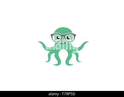 octopus smiling and wearing glasses or geek squid for logo Stock Vector