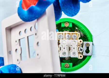 Worker in ptotective gloves is installing new european push button, putting on outlet wall electrical round box. Stock Photo