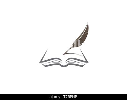 Qill writing in the papers on an open book Feder Buch for logo Stock Vector