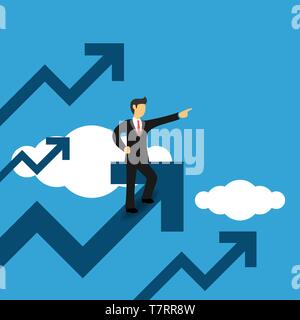 Concept of Businessman with Growing Charts. Business People Pointing Forward. Flat Vector Illustration Stock Vector