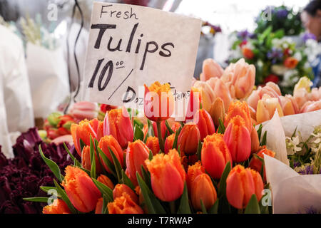 Beautiful tulips for sale in famous Pike Place Market in Seattle, USA Stock Photo