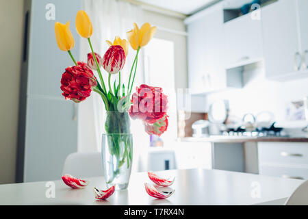 Modern kitchen design. Interior of white and silver kitchen decorated with flowers. Cozy apartment Stock Photo
