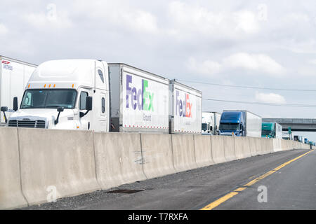 Greenwich, USA - April 6, 2018: Highway 78 in Pennsylvania road with large FedEx truck and cars stuck in traffic Stock Photo