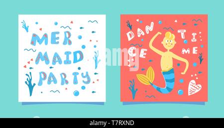 A set of cards with a cartoon mermaid boy. Blue lettering hand draw -mermaid party on a white background. Phrase - time dance on the coral background Stock Vector