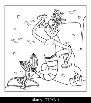 Coloring book. Seascape. Cartoon mermaid boy playing sports underwater. With a tail, dumbbells. Bubbles, fish, rocks and algae. Vector illustration Stock Vector