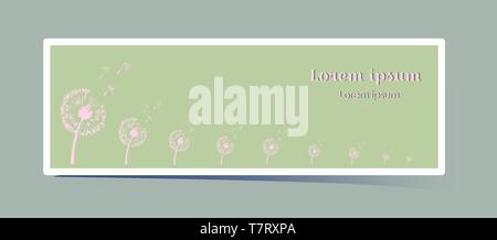 Delicate horizontal banner with dandelion flower. Pink plant silhouette on a grassy green background. With space for text. Cover, flyer, booklet Stock Vector