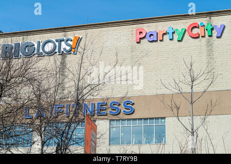 Weehawken, USA - April 6, 2018: City in New Jersey with Big Lots and Party city stores in shopping mall Stock Photo