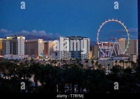 Las Vegas Nevada USA, skyline of the strip, High Roller 550-foot tall diameter giant Ferris wheel operated by Caesars Entertainment Corporation curren Stock Photo