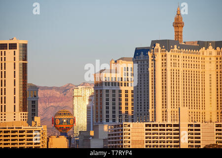 Las Vegas, paradise,  Nevada USA, skyline of the strip, Aerostat Reveillon Hot Air Balloon Paris Stock Photo
