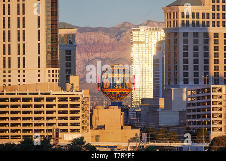 Las Vegas, Paradise,  Nevada USA, skyline of the strip, Aerostat Reveillon Hot Air Balloon Paris Stock Photo