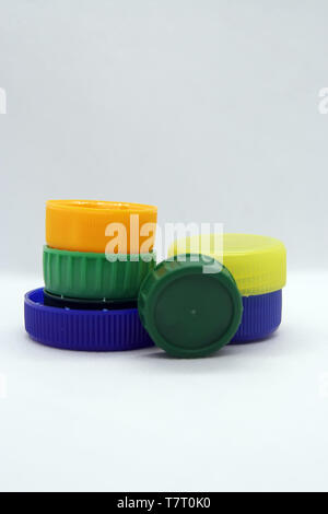 Plastic bottle plug. Plastic bottle cap. Various colors plastic cap. Stock Photo