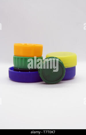 Plastic bottle plug. Plastic bottle cap. Various colors plastic cap. Stock Photo